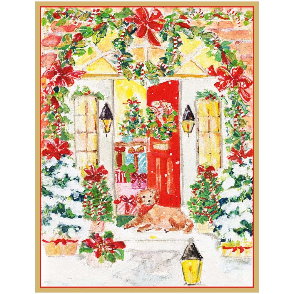 Decorated Front Door With Dog Large Personalized Christmas Cards Caspari