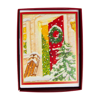 Caspari Open Door With Snow And Sled Mini Boxed Christmas Cards - 15 Christmas Cards & 15 Envelopes 103006