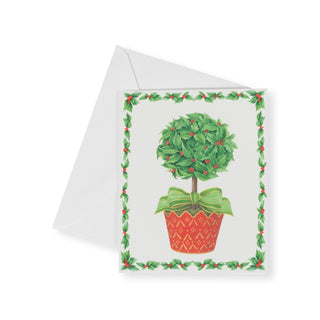 Caspari Holly Topiary In Red Pot Mini Boxed Christmas Cards - 15 Christmas Cards & 15 Envelopes 103019