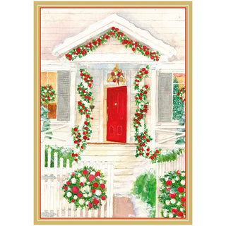 Caspari House With Wreaths On Fence Small Boxed Christmas Cards - 15 Christmas Cards & 15 Envelopes 103111