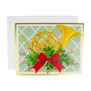 Caspari French Horn With Swag Large Boxed Christmas Cards - 15 Christmas Cards & 15 Envelopes 103309