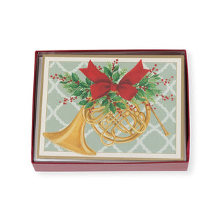 Caspari French Horn With Swag Large Boxed Christmas Cards - 15 Christmas Cards & 15 Envelopes 103309