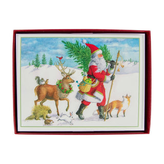 Caspari Winter Walk Santa C-Size Boxed Christmas Cards - 15 Cards And Envelopes 104215