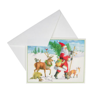 Caspari Winter Walk Santa C-Size Boxed Christmas Cards - 15 Cards And Envelopes 104215