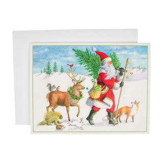 Caspari Winter Walk Santa C-Size Boxed Christmas Cards - 15 Cards And Envelopes 104215