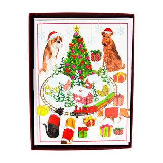 Caspari Pets With Model Train Boxed Christmas Cards - 15 Christmas Cards & 15 Envelopes 104220