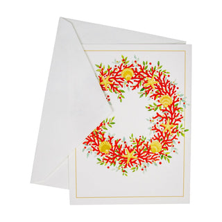 Caspari Coral And Shell Wreath Foil Boxed Christmas Cards - 10 Christmas Cards & 10 Envelopes 104222