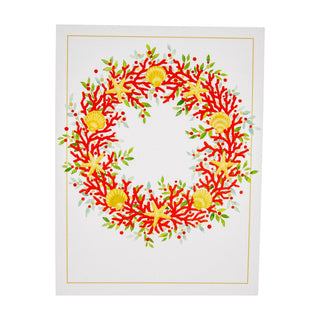 Caspari Coral And Shell Wreath Foil Boxed Christmas Cards - 10 Christmas Cards & 10 Envelopes 104222