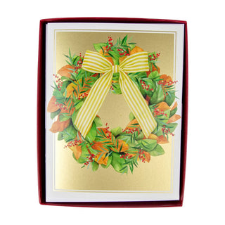 Personalization by Caspari Magnolia Wreath With Striped Bow Large Personalized Christmas Cards 104306PG