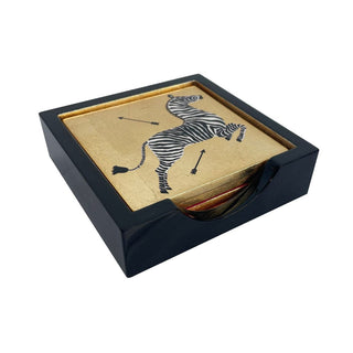 Caspari Zebras Gold Lacquer Coasters - Set Of 4 Coasters In Holder 12181LQCSET