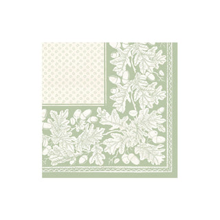 Caspari Oak Leaves & Acorns Sage Green & Ivory Boxed Cocktail Napkins - 30 Per Package 17291B