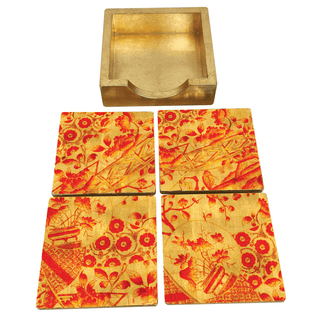 Caspari Gilded Porcelain Coral & Gold Coasters - Set Of 4 In Holder 18060LQCSET