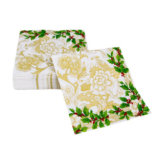 Caspari Holly Ceramic Ivory & Gold Cocktail Napkins - 20 Per Package 18090C