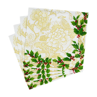 Caspari Holly Ceramic Ivory & Gold Luncheon Napkins - 20 Per Package 18090L