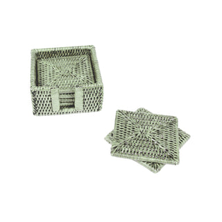 Caspari Rattan Square Coaster and Holder Set in Green - Set of 6 Coasters and 1 Napkin Holder HCSSQ104