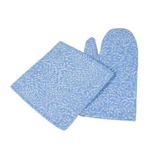 Caspari Block Print Leaves White & Blue Oven Mitts And Pot Holders Set - 1 Piece Of Each OMPH009B