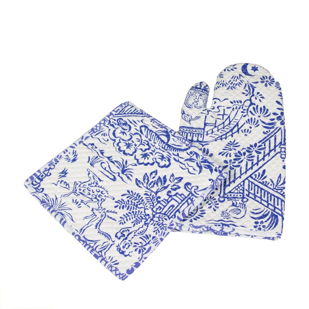 Pagoda Toile Blue & White Oven Mitts and Pot Holders Set - 1 Piece of Each