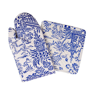 Caspari Pagoda Toile Blue & White Oven Mitts And Pot Holders Set - 1 Piece Of Each OMPH012A