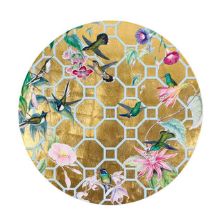 Caspari Hummingbird Trellis Round Lacquer Placemat in Gold - 1 Each 15111LQPMRND