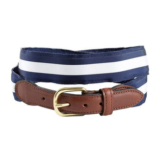 Barrons-Hunter Navy & White Stripe Grosgrain Belt with Brown Leather