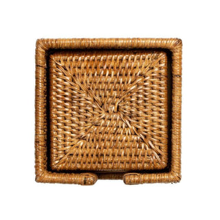 Caspari Rattan Square Coasters & Holder in Dark Natural - Set of 6 RS.24